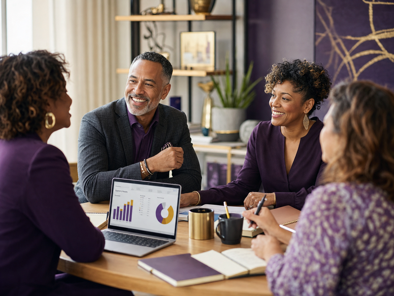 Collaborative entrepreneurs in a warm, professional setting